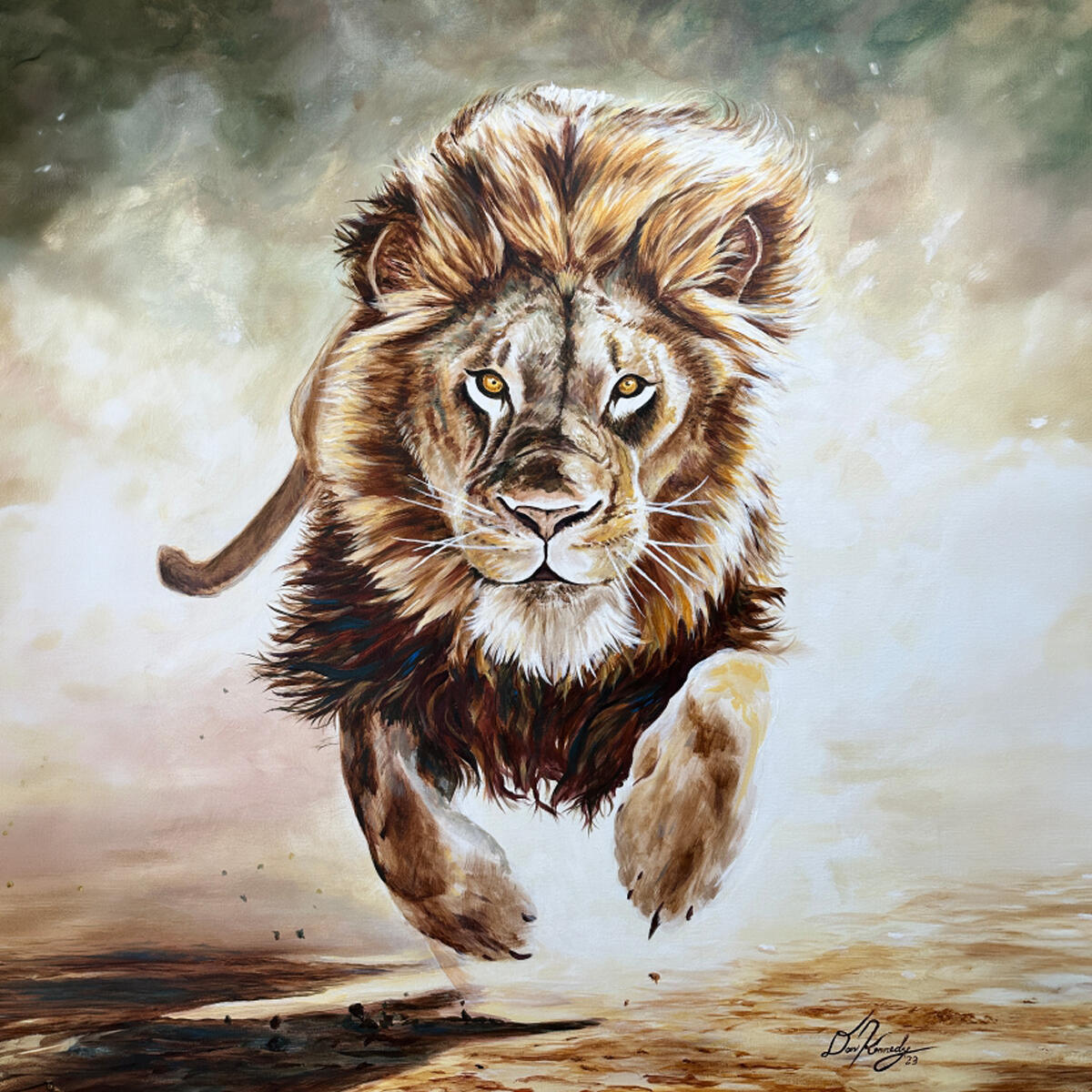 Courage and Strength - Acrylic Painting Acrylic painting titled Courage and Strength, depicting a powerful male lion running forward through a softly painted, atmospheric landscape.