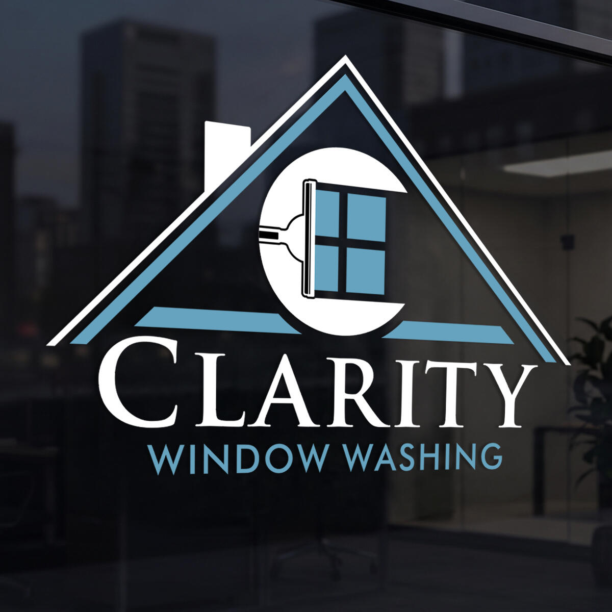 Clarity Window Washing - Brand Identity Clarity Window Washing logo displayed on a glass storefront, featuring a stylized window and roofline in blue, black, and white.
