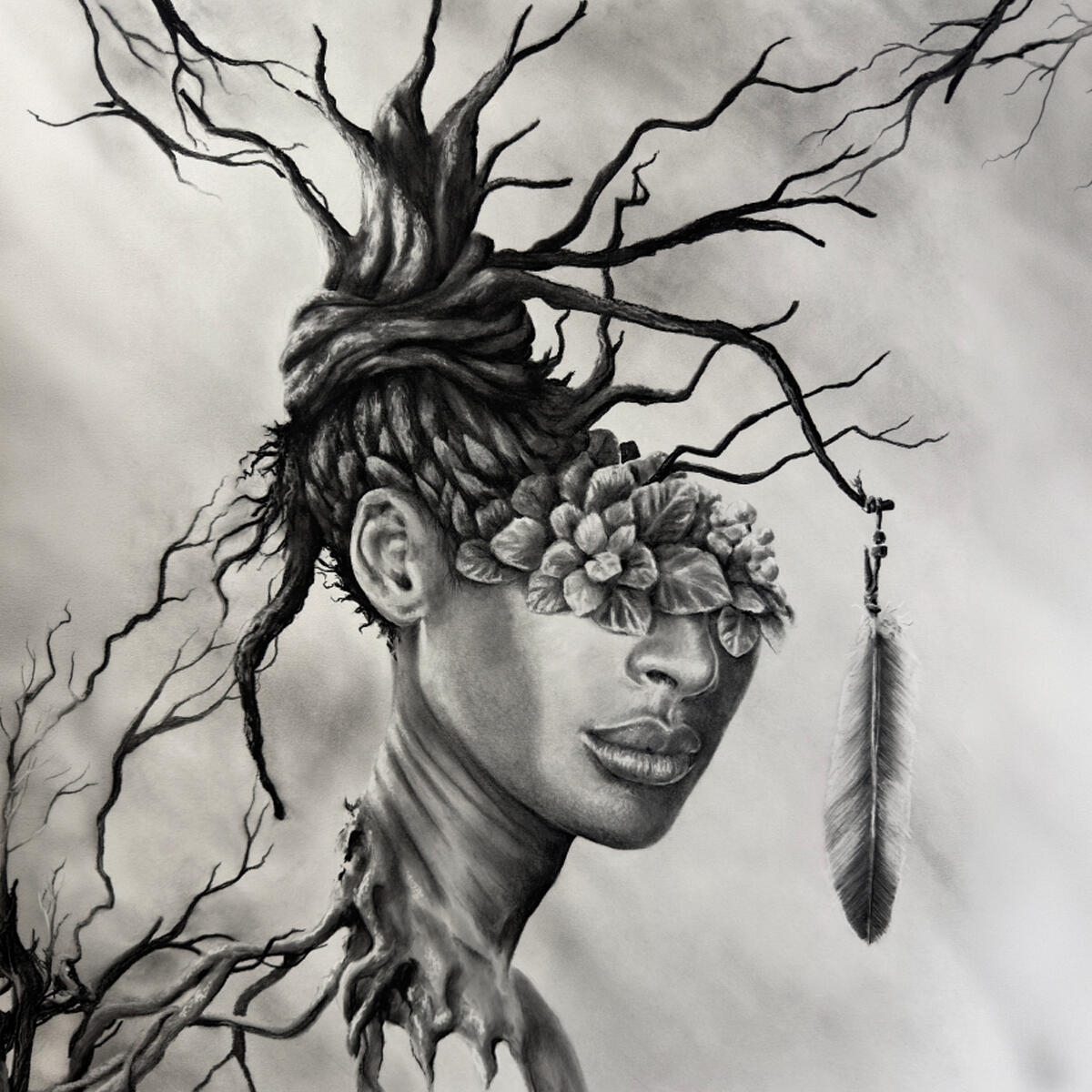 Graceful Return - Charcoal Drawing Graphite drawing titled Graceful Return, depicting a woman in profile with flowers covering her eyes, braided hair transforming into tree branches and roots, and a feather hanging from a branch.