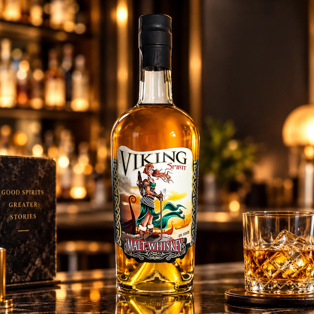 Viking Spirit — Packaging & Label Design Viking Spirit malt whiskey bottle featuring a custom illustrated label with a Viking-inspired character, bold vintage typography, and warm nautical colors.