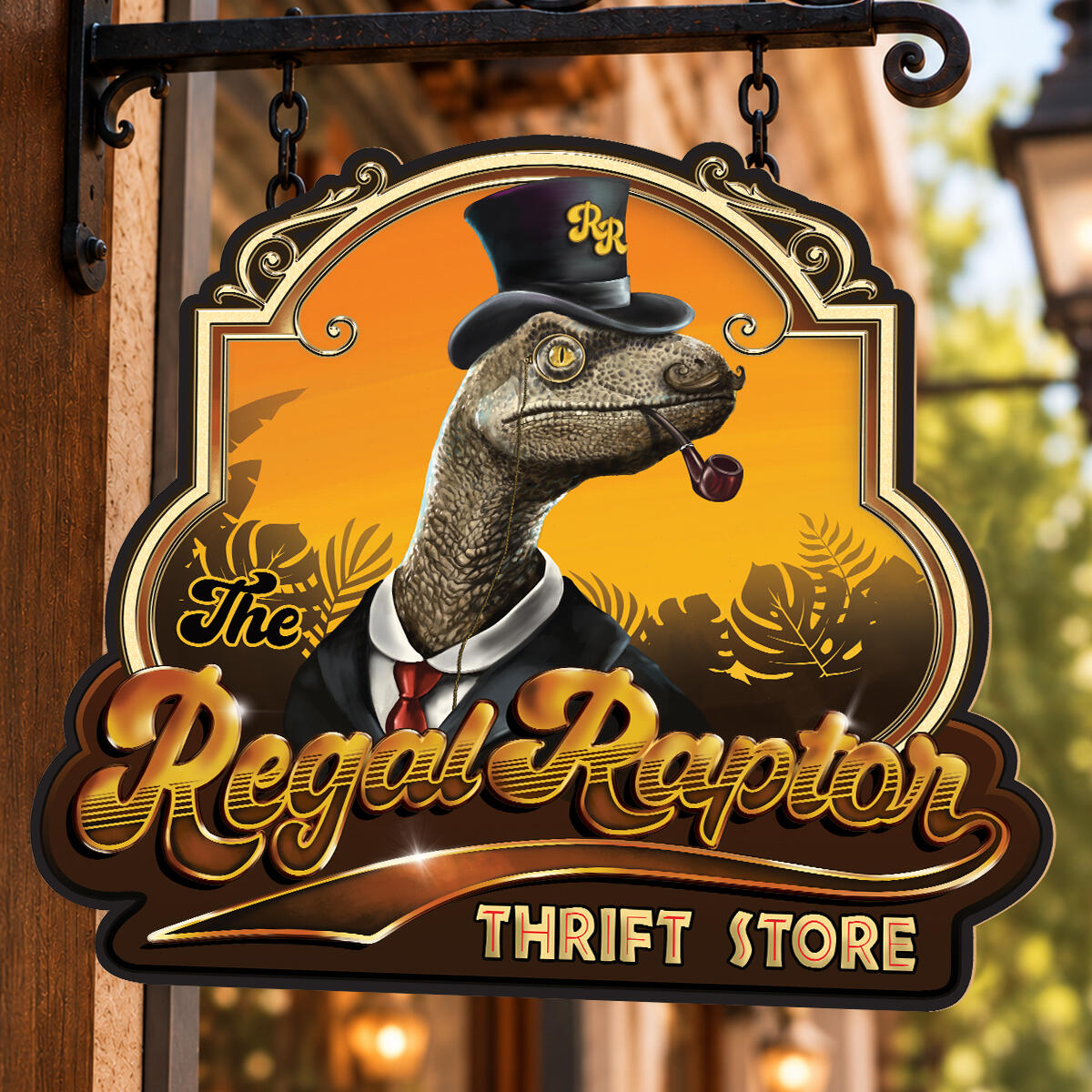 Vintage-style Regal Raptor Thrift Store logo featuring an illustrated raptor in a top hat and monocle on a hanging storefront sign.