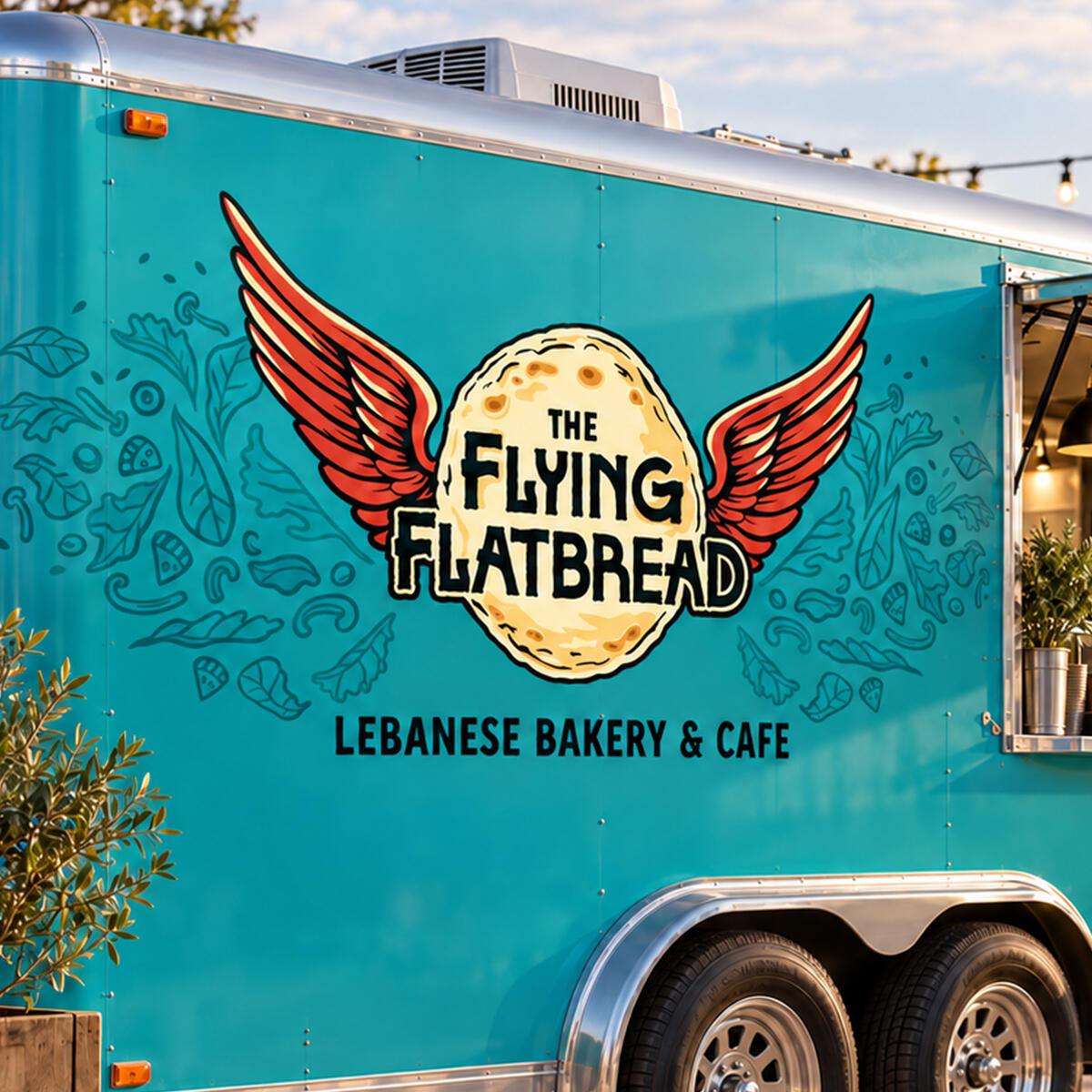 The Flying Flatbread Lebanese Bakery & Cafe logo displayed on a turquoise food trailer, featuring a winged flatbread emblem with bold orange and black lettering.