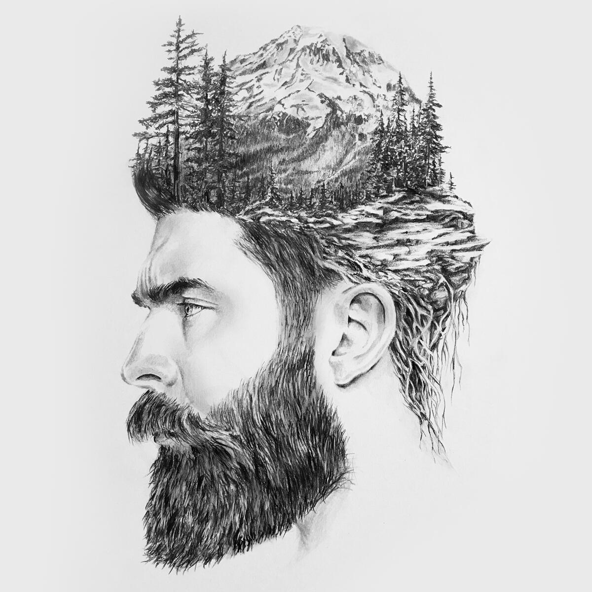 Forever Searching - Graphite Illustration Graphite portrait titled Forever Searching, depicting a bearded man in profile with a mountain, evergreen forest, and landscape emerging from his head.