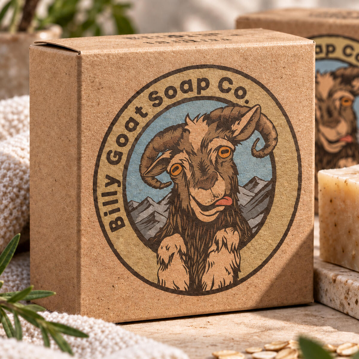 Billy Goat Soap Co. logo printed on a natural kraft soap box, featuring an illustrated mountain goat in a circular vintage-style badge.
